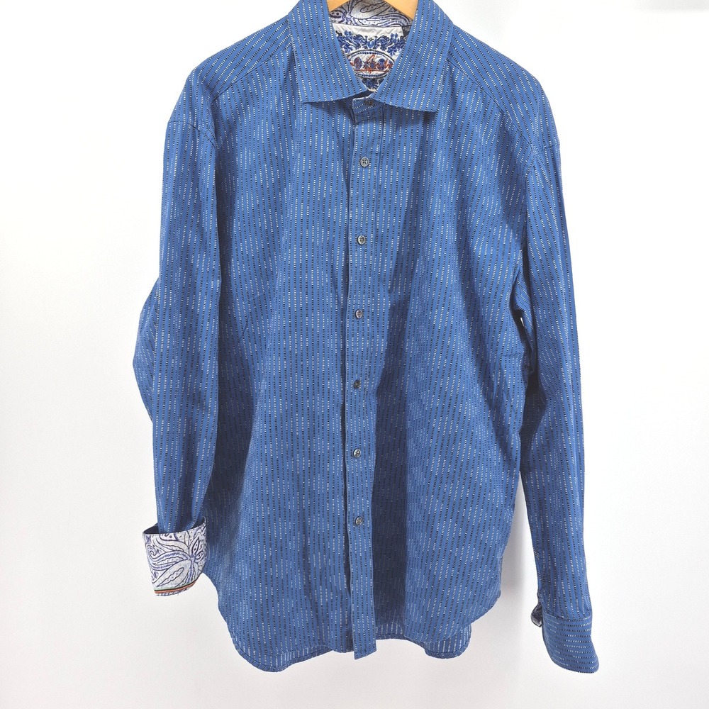 Robert Graham Mens XXL Blue Striped Button Down Shirt Contrast Cuffs Cotton - Picture 2 of 16